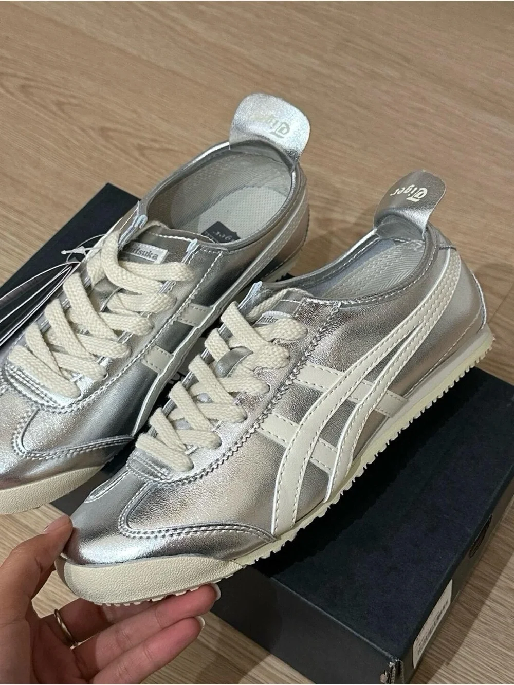 Onitsuka Tiger by Asics Metallic Silver Low-Top Sneakers with Cream Accents